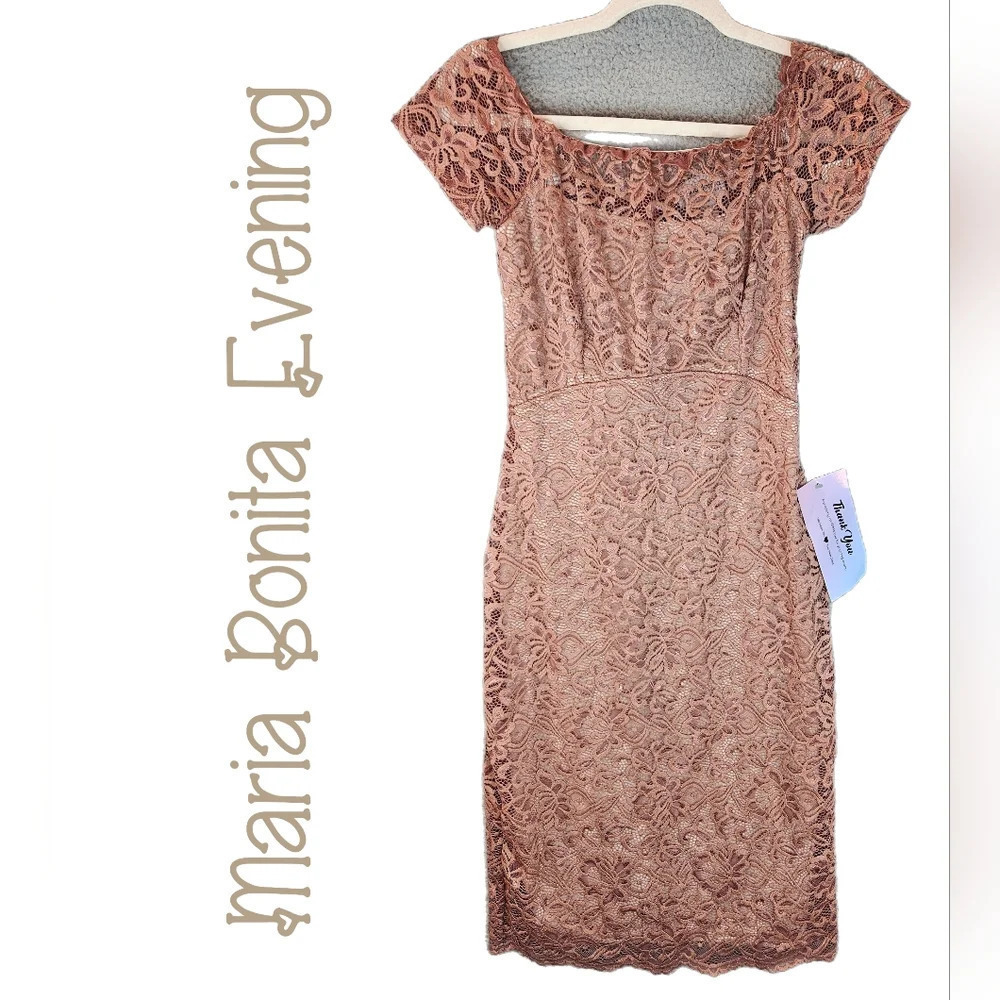 Maria Bonita Womens Lace Overlay Evening Dress Sz M Sand Color Stretch Body hug